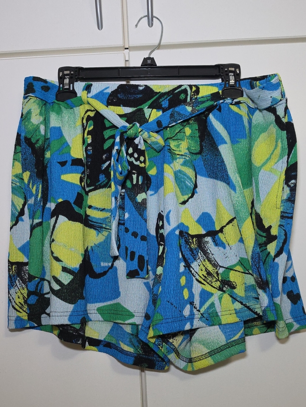 Women's Blue Green Abstract Print Tie-Waist Shorts
